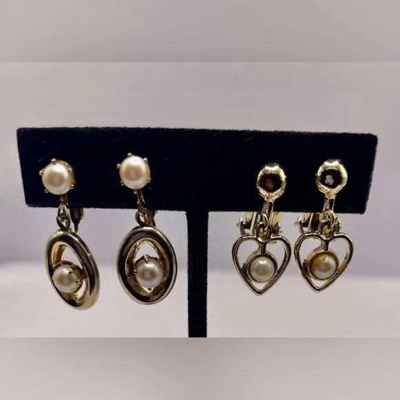 3 for $30 Two Pairs of Vintage Gold Tone Clip On Earrings with Faux Pearls - Picture 3 of 5